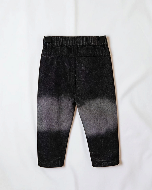 Pantalon Le Cocon d'Or pour bébé garçon en coton noir et gris dégradé style denim usé avec ceinture élastique