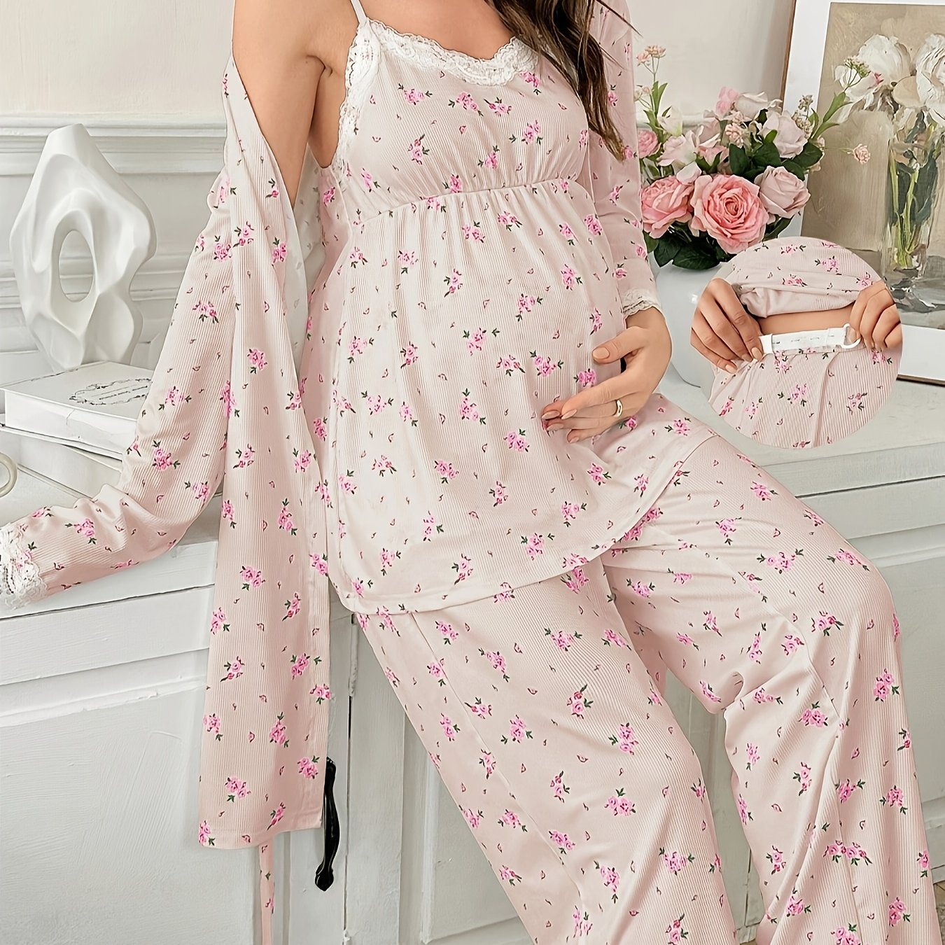 Ensemble Pyjama Maternité 3 Pièces avec Débardeur Dentelle Contrastée, Pantalon et Peignoir pour Femmes Enceintes