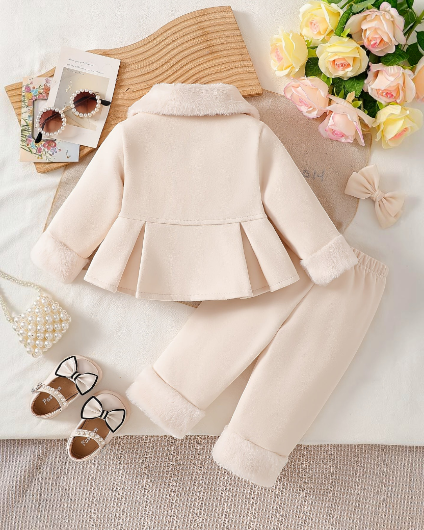 Ensemble Le Cocon d'Or pour fille en polyester beige avec veste à col en peluche et pantalon assorti