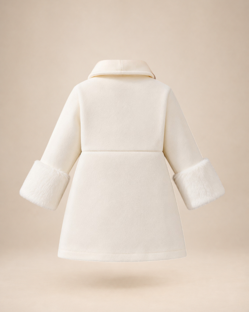 Veste Little Explorer Le Cocon d'Or pour bébé fille en maille blanche avec col à revers et poignets en fausse fourrure