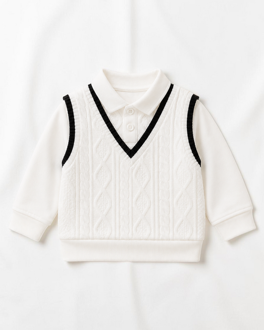 Polo en maille blanc pour bébé garçon Le Cocon d'Or avec col à revers, manches longues et détails contrastés noirs