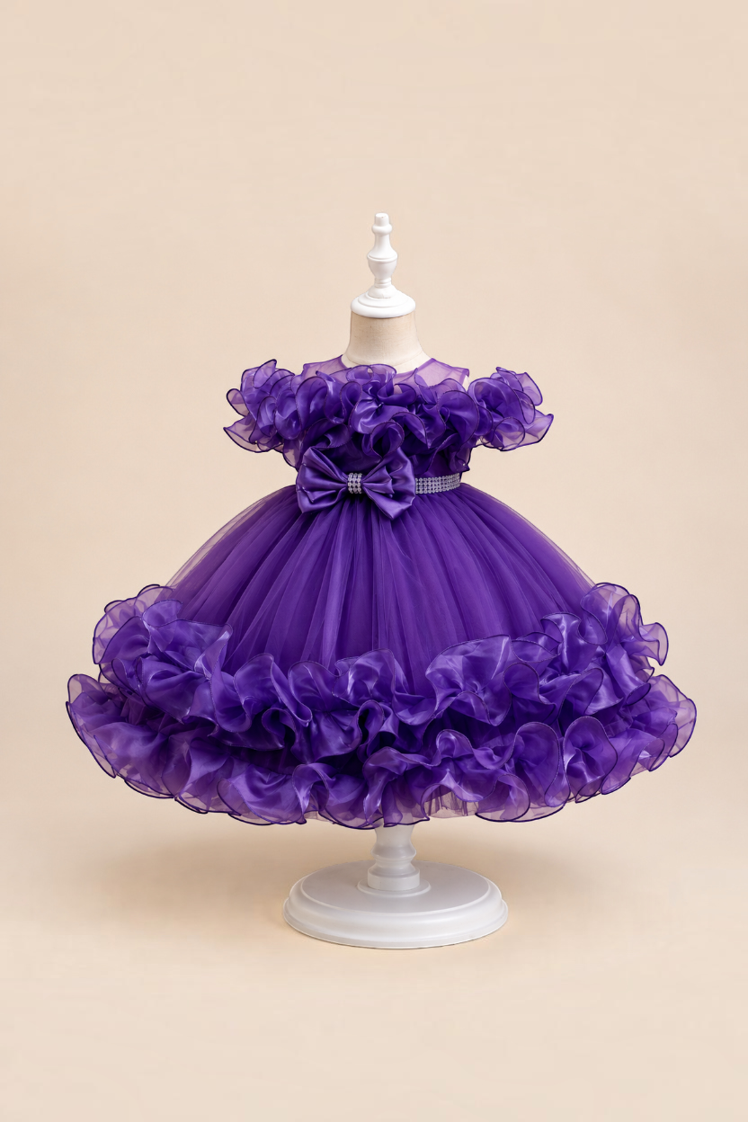 Robe de princesse violette Le Cocon d'Or avec volants en tulle, perles et nœud décoratif pour bébé fille