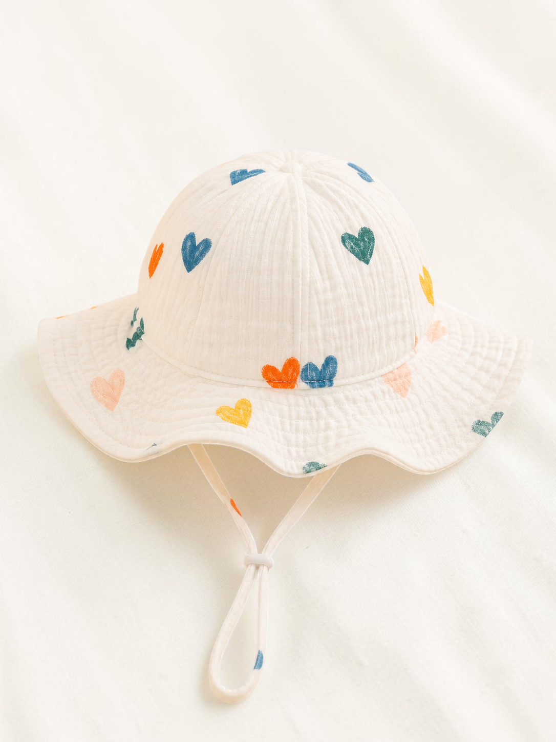 Bob pour bébé Le Cocon d'Or en coton blanc avec motif de cœurs colorés et cordon de serrage réglable