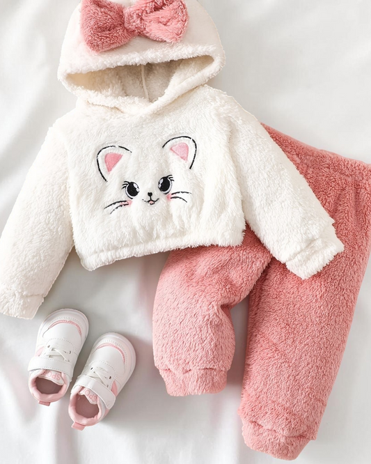 Ensemble pyjama Le Cocon d'Or pour bébé en polyester blanc et rose avec motif chat, capuche à nœud et pantalon doux