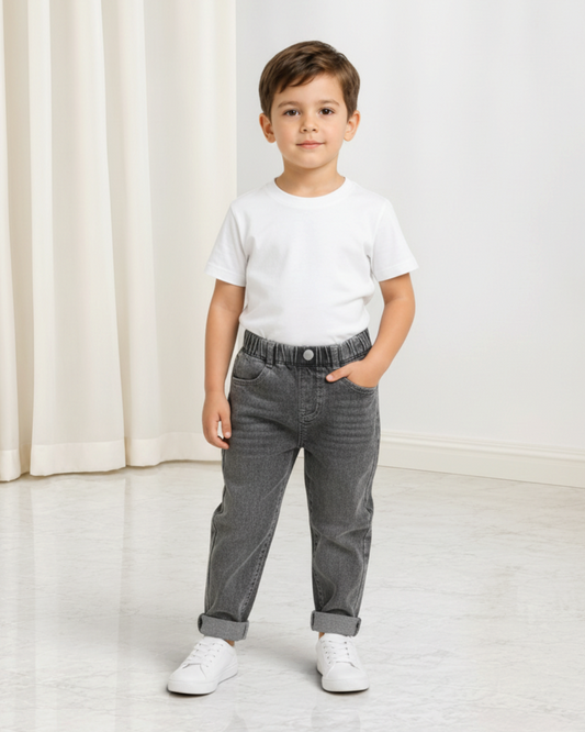 Jeans gris Le Cocon d'Or pour enfant avec ceinture élastique et faux boutons, style décontracté en coton