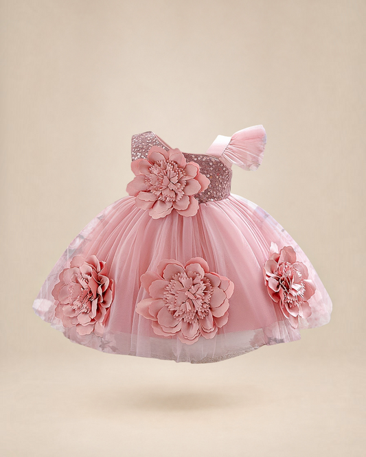 Robe de princesse Le Cocon d'Or rose pour bébé avec fleurs 3D, sequins et manches à volants pour anniversaire