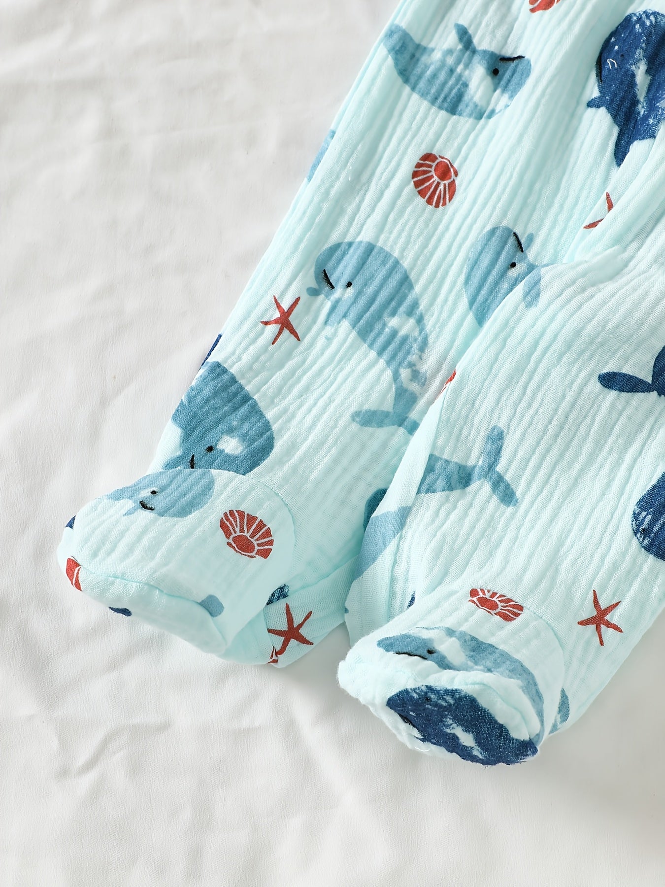 Ensemble de gaze imprimé sur le thème de la vie marine pour bébés et tout-petits, printemps et automne, unisexe, bleu clair, motif animal, manches longues et pantalon à pieds, tenue 2 pièces, cardigan à revers à bouton simple pour nourrissons de 1 à 9 moi