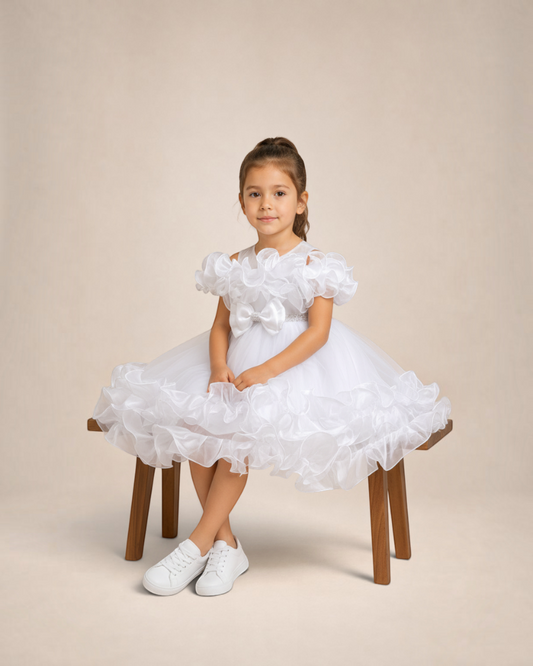 Petite fille portant la robe blanche Royal Bloom de Le Cocon d'Or avec détails en perles et volants élégants