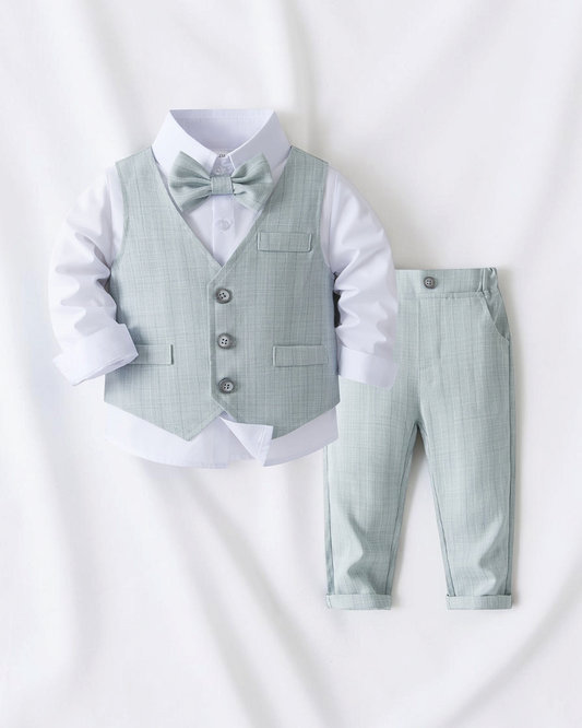 Ensemble de cérémonie Le Cocon d'Or pour bébé garçon avec chemise blanche, gilet rayé gris, pantalon et nœud papillon