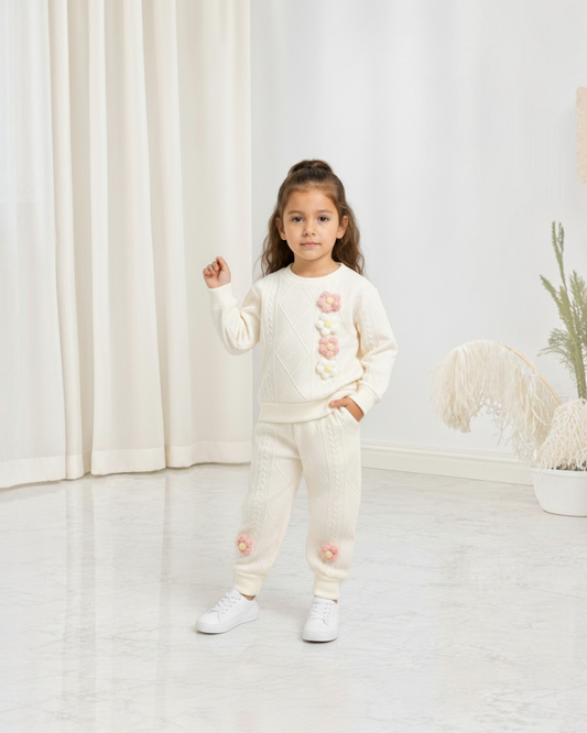 Ensemble en maille crème Le Cocon d'Or pour enfant avec détails de fleurs en relief sur le haut et le pantalon