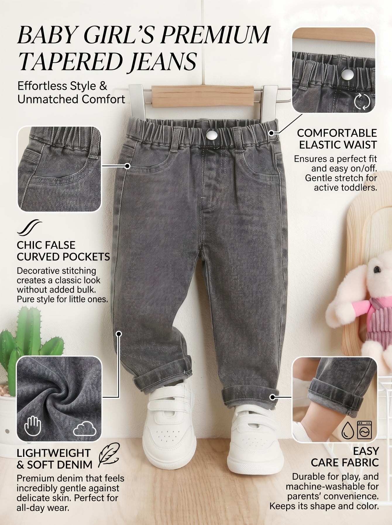 Jeans gris décontractés, confortables et faciles à porter pour bébé fille et garçon, avec ceinture élastique, adaptés à un usage quotidien et polyvalents