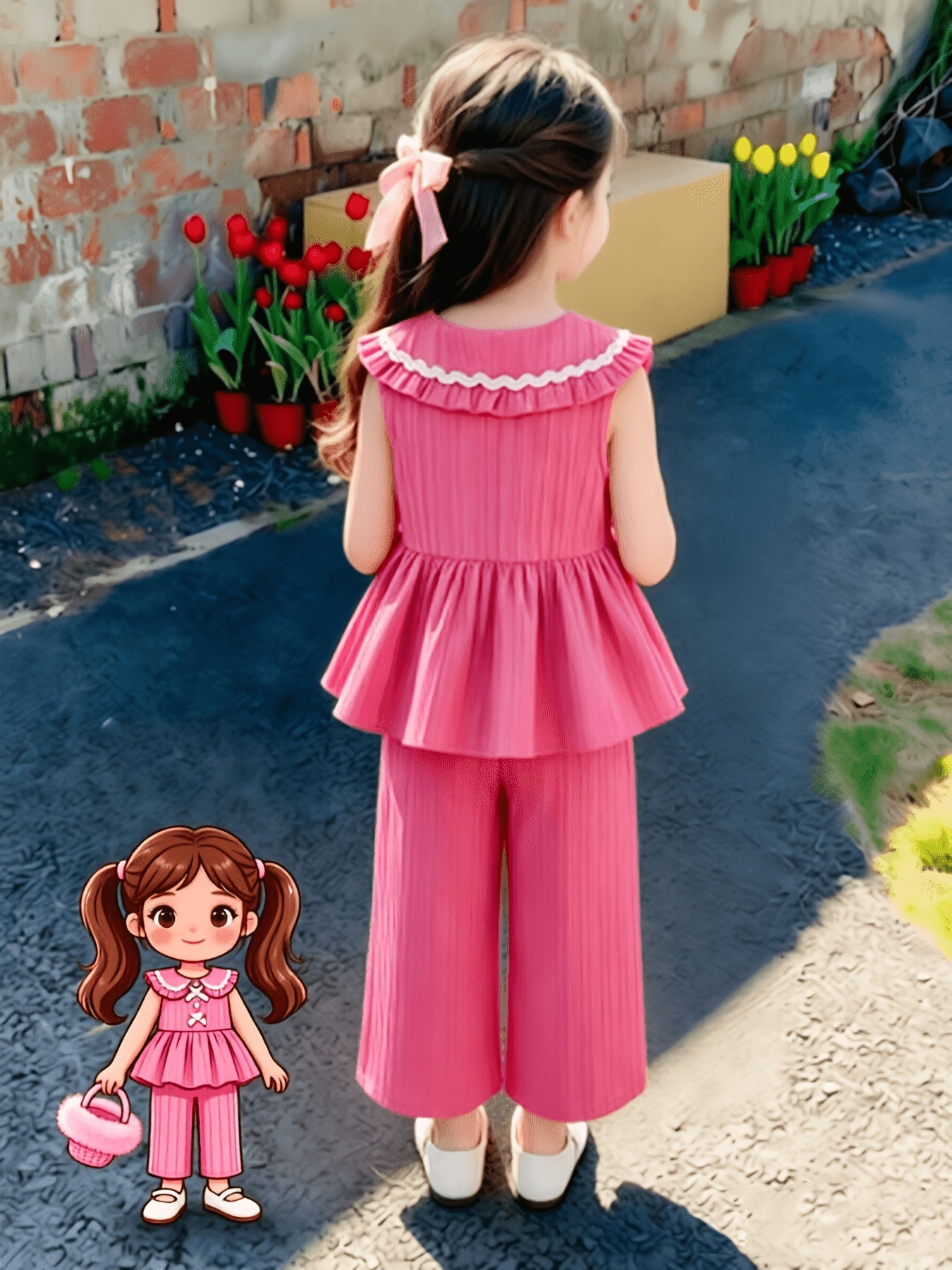 Ensemble 2 pièces pour petites filles, haut sans manches à col Peter Pan avec volants + pantalon large à texture, tenue décontractée d'été, ensemble de pantalons longs à la mode et ludiques pour filles, convient pour les sorties, les séances photo et les