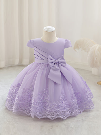 Nouvelle robe de 1er anniversaire avec nœud, jupe de princesse florale, tutu en tulle et maille pour enfants, robe de scène de piano pour filles, robe de princesse en maille brodée 3D
