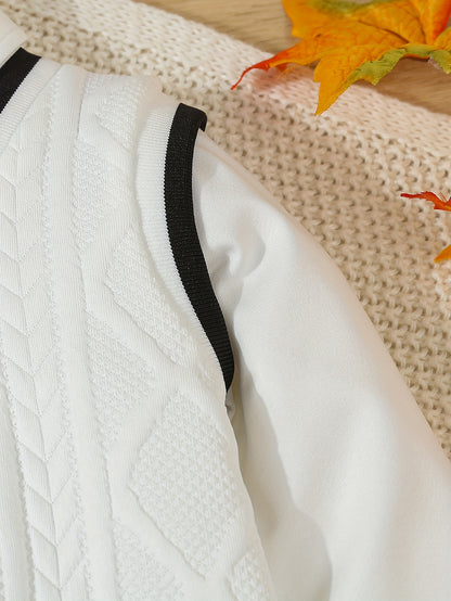 1pc de Polo en Tricot Longue Manches à Revers Simple Boutonnage Style Britannique Faux Deux Pièces Jacquard pour Bébé Garçon, Pull en Tricot Blanc pour Nouveau-né, Chemise Décontractée Douce et Confortable, Adaptée aux Activités de Plein Air, au Port Quot
