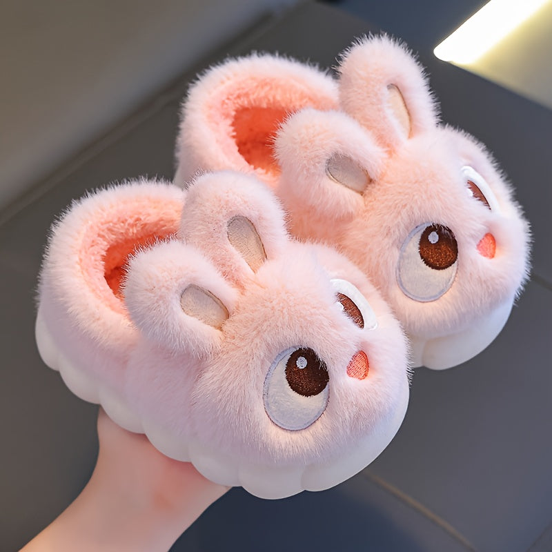 1 Paire de Pantoufles de Lapin en Peluche pour Jeunes - Tissu Souple avec Semelle en PVC Antidérapante, Chaussures d'Intérieur Légères pour Garçons et Filles, Design de Lapin de Dessin Animé Mignon, Chaussures d'Hiver Chaudes pour Tout-Petits et Enfants,