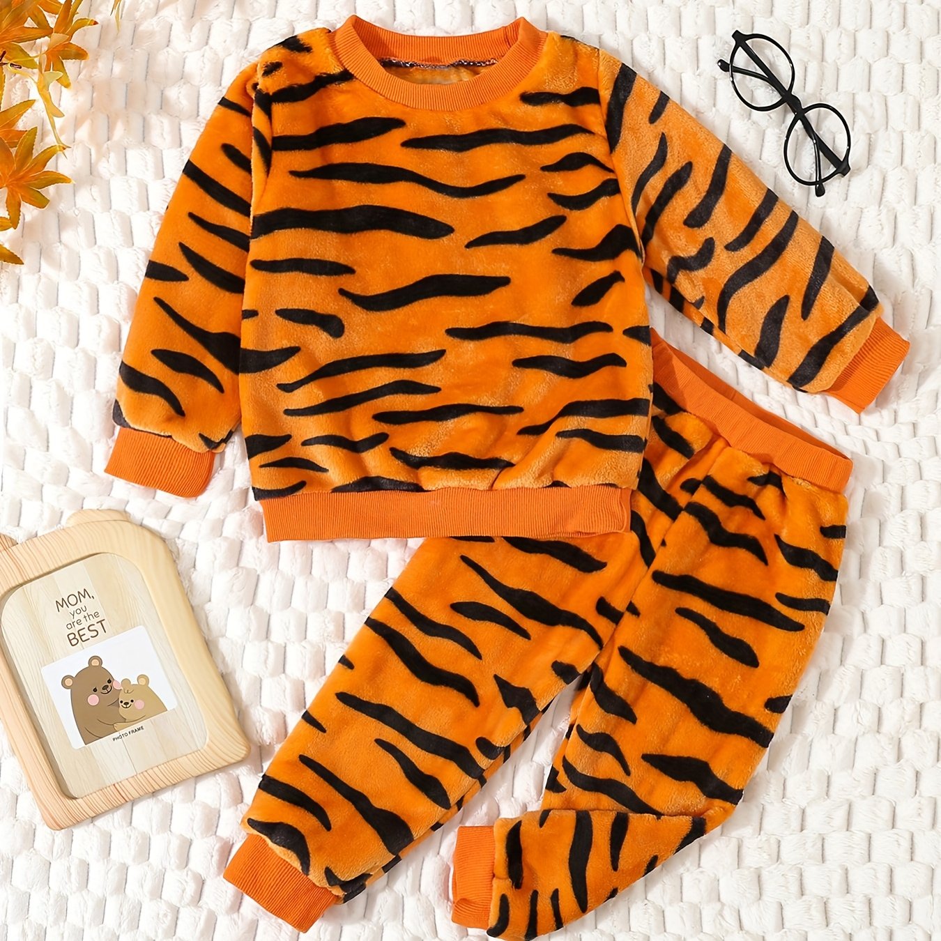 Ensemble en peluche Tigre pour tout-petits, mignon, dessin animé, chaud, confortable, adorable, tenue de tous les jours, pour l'extérieur