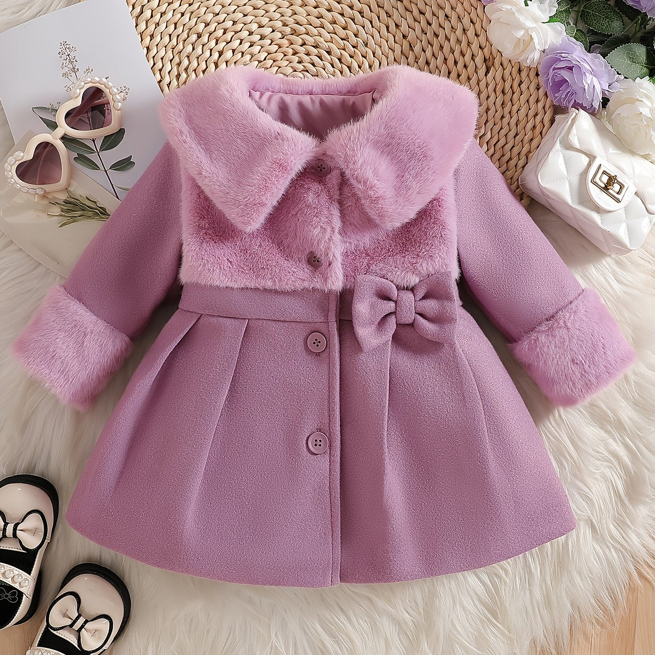 Tenue de la Saint-Valentin pour Fille, Cardigan à Revers en Peluche Irrégulière pour Fille Automne/Hiver avec Patchwork en Fausse Fourrure, Nœud en Mélange, Veste Cardigan à Boutons. Convient pour les Sorties, les Cadeaux, les Vêtements de la Rentrée Scol