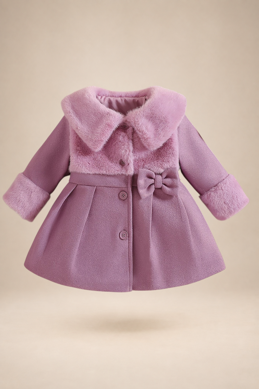 Manteau d'hiver rose Le Cocon d'Or pour petite fille avec col en fausse fourrure et détail de nœud élégant