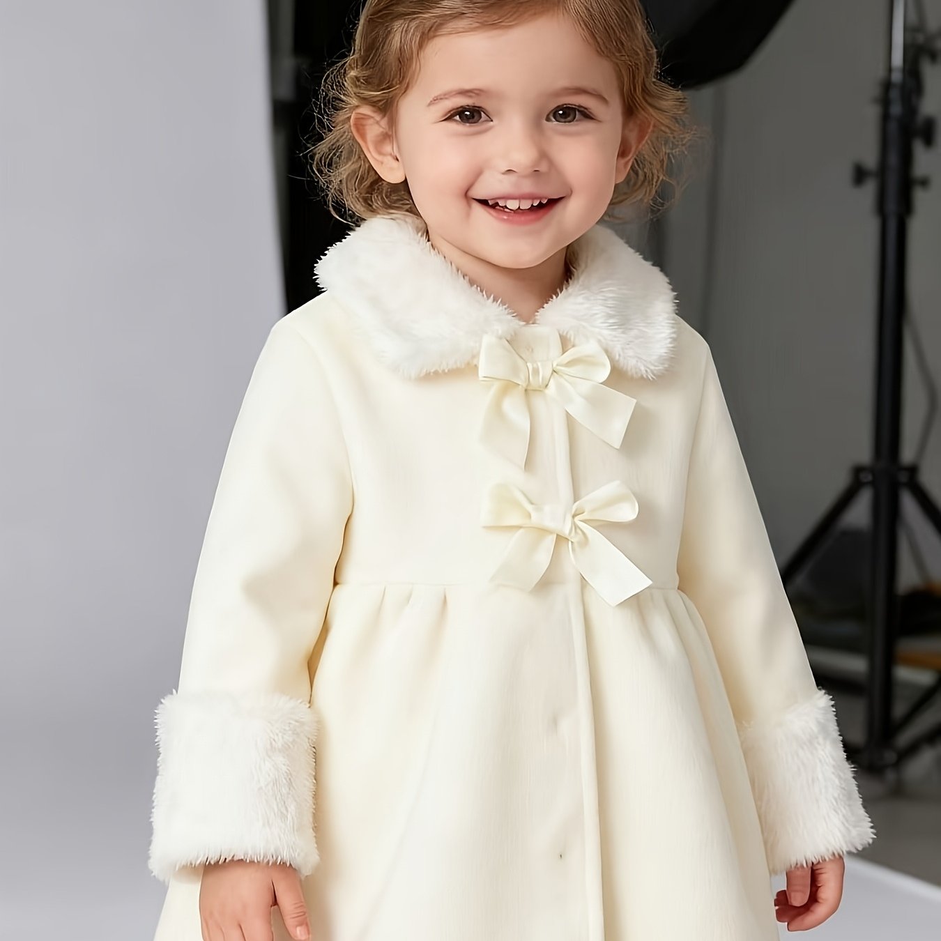 Cardigan-veste beige en peluche pour fille, automne/hiver, à devant ouvert avec grand nœud sur le devant, col et poignets en peluche blanche, ourlet de jupe trapèze, chaud et confortable, convient pour les fêtes/tenue décontractée, plein de charme de prin