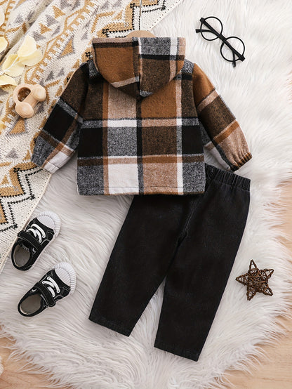 2 pièces Haut à Capuche à Carreaux à Manches Longues pour Garçons + Pantalon en Jean, Ensemble Décontracté Deux Pièces Hoodie à Carreaux et Jeans pour Bébés Garçons, Idéal pour Fêtes, Cadeaux et Sorties Quotidiennes, Parfait pour l'Extérieur