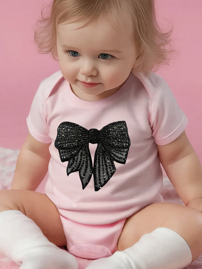 1 pièce Grenouillère bébé "Nœud à paillettes glamour", Barboteuse en coton, Combinaison bébé douillette, Coton respirant, Fermeture à boutons-pression, Vêtement essentiel pour nouveaux parents, Idéal comme cadeau d'anniversaire en plein air, Parfait pour