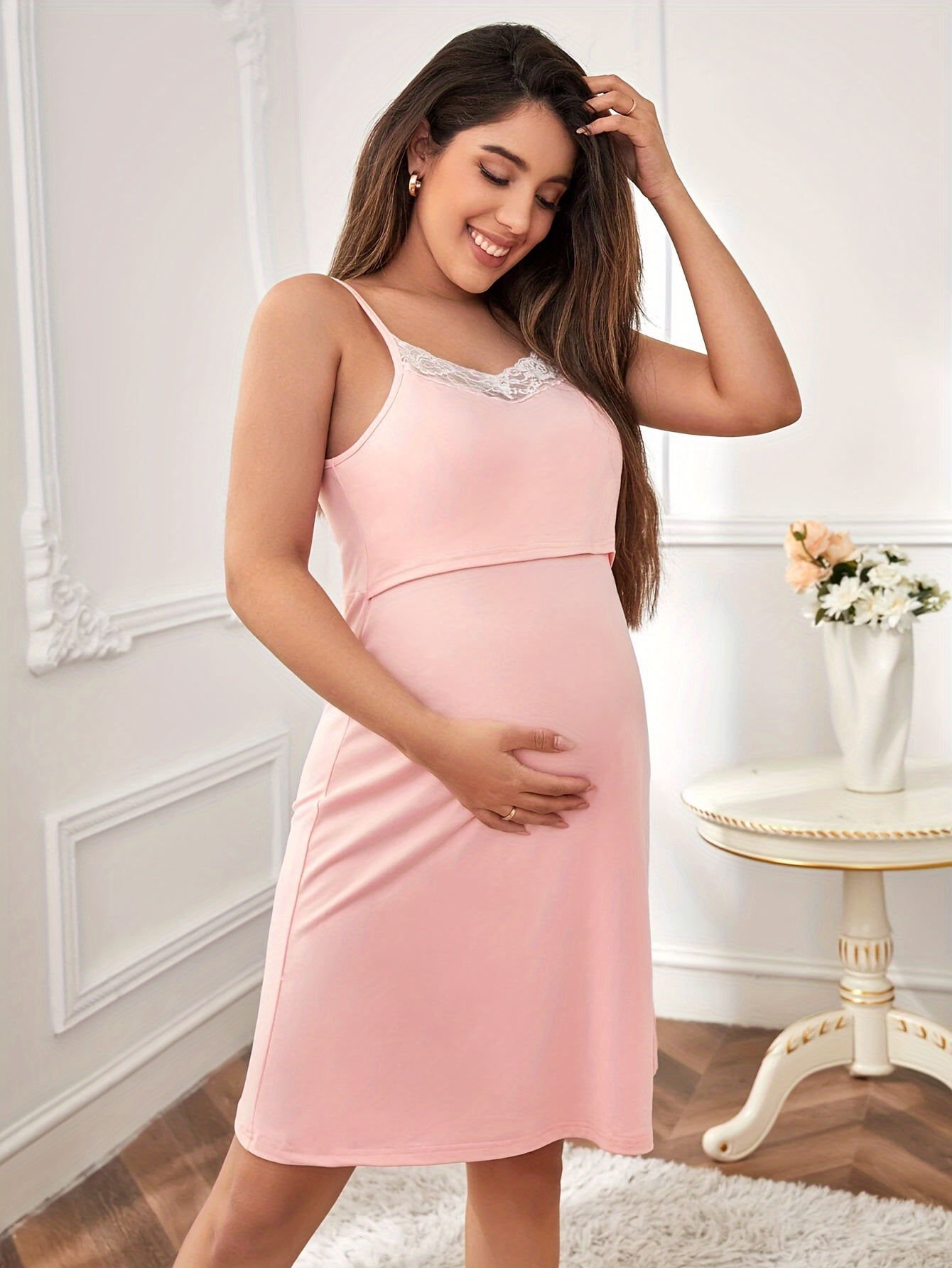 Pyjama de maternité  à dentelle, ensemble de 2 robes, chemise de nuit d'allaitement, tenue adaptée à l'allaitement, vêtement de maternité de printemps