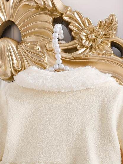 Cardigan-veste beige en peluche pour fille, automne/hiver, à devant ouvert avec grand nœud sur le devant, col et poignets en peluche blanche, ourlet de jupe trapèze, chaud et confortable, convient pour les fêtes/tenue décontractée, plein de charme de prin