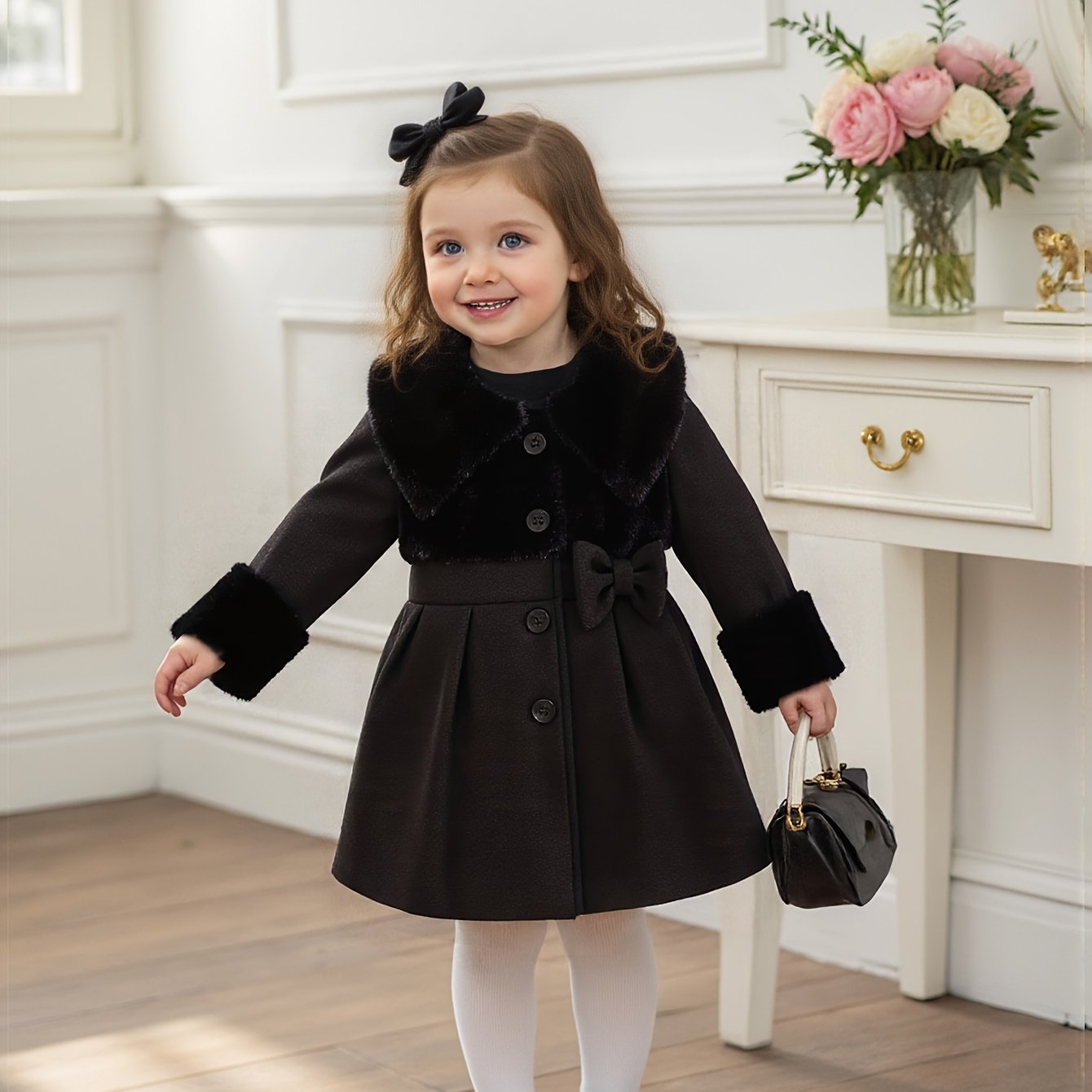 Tenue de la Saint-Valentin pour Fille, Cardigan à Revers en Peluche Irrégulière pour Fille Automne/Hiver avec Patchwork en Fausse Fourrure, Nœud en Mélange, Veste Cardigan à Boutons. Convient pour les Sorties, les Cadeaux, les Vêtements de la Rentrée Scol