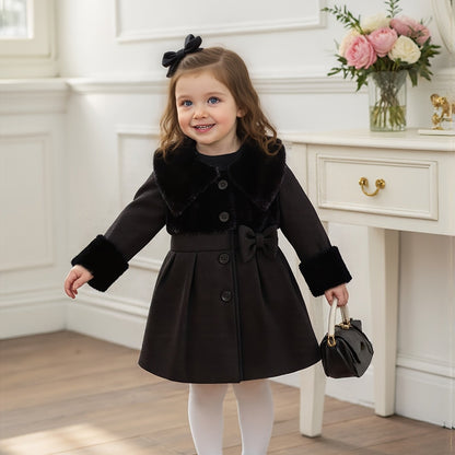 Tenue de la Saint-Valentin pour Fille, Cardigan à Revers en Peluche Irrégulière pour Fille Automne/Hiver avec Patchwork en Fausse Fourrure, Nœud en Mélange, Veste Cardigan à Boutons. Convient pour les Sorties, les Cadeaux, les Vêtements de la Rentrée Scol