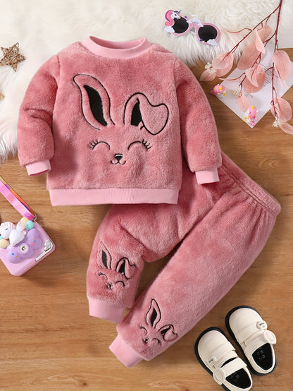 Ensemble 2 pièces Tendance Décontracté Hiver Motif Lapin en Peluche, Tenue d'Hiver Confortable et Chaude pour Filles avec Manchons Côtelés Doux et Col Rond en Polaire, Pantalon d'Hiver Côtelé avec Taille Élastique et Motif Lapin, Vêtements d'Hiver Décontr