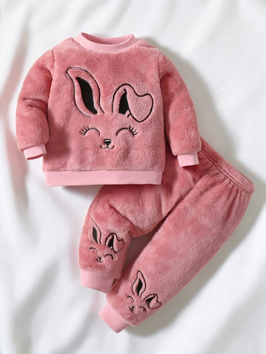 Ensemble pyjama en peluche rose Le Cocon d'Or avec motif lapin mignon pour enfant, en polyester doux et chaud.