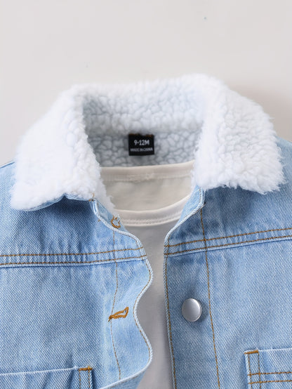 Veste en jean doublée pour garçon, chaude et confortable pour l'hiver, veste en jean doublée bleu clair, décontractée et tendance, nouvelle arrivée