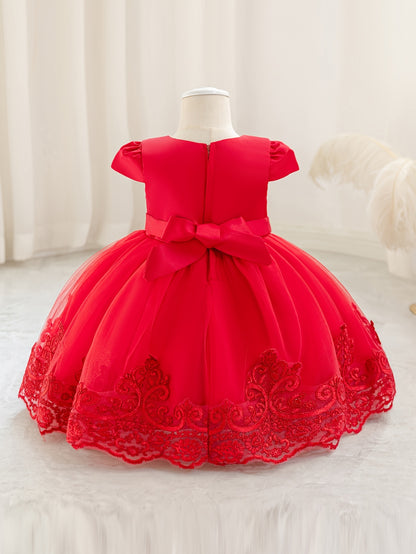 Nouvelle robe de 1er anniversaire avec nœud, jupe de princesse florale, tutu en tulle et maille pour enfants, robe de scène de piano pour filles, robe de princesse en maille brodée 3D