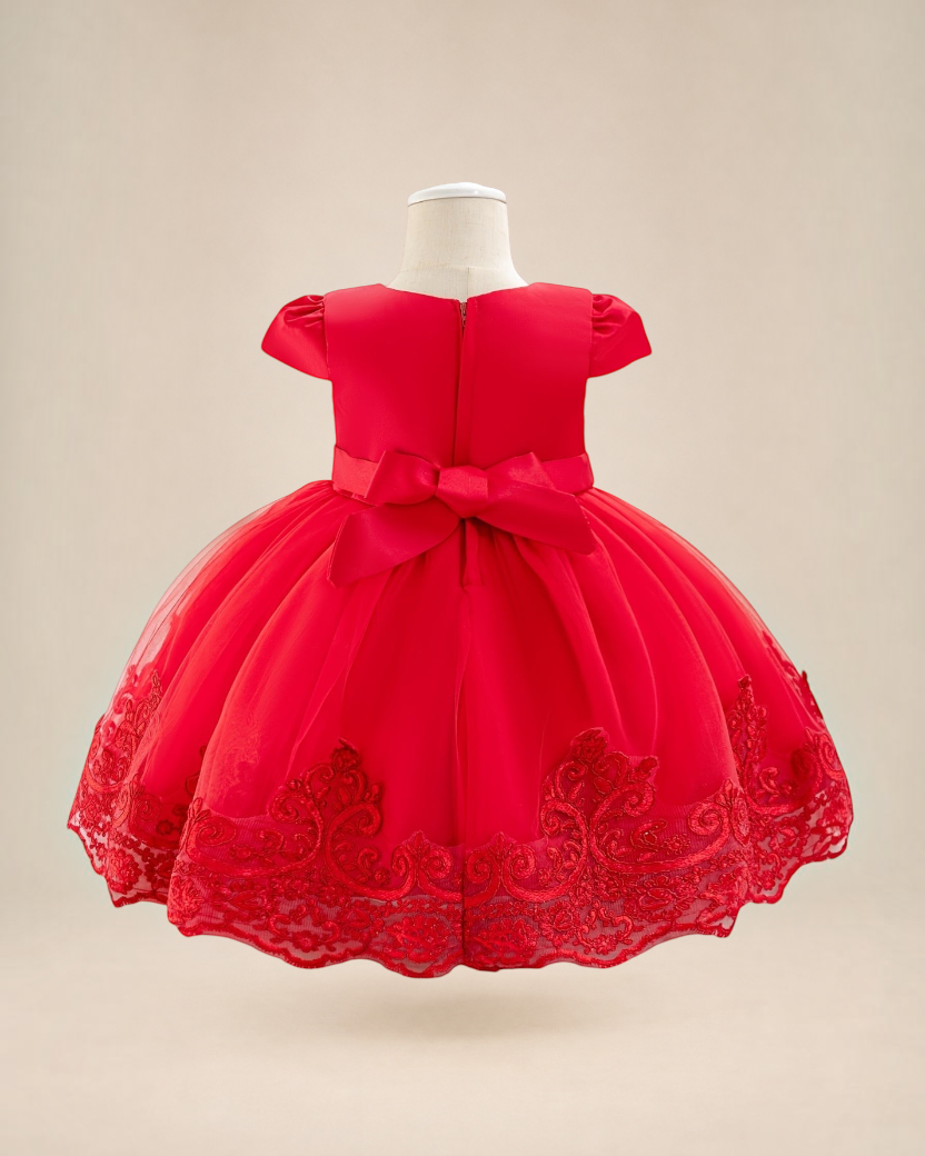 Robe de cérémonie rouge Le Cocon d'Or pour bébé fille en tulle avec broderies florales, manches volantées et nœud