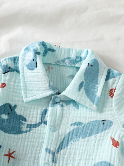 Ensemble de gaze imprimé sur le thème de la vie marine pour bébés et tout-petits, printemps et automne, unisexe, bleu clair, motif animal, manches longues et pantalon à pieds, tenue 2 pièces, cardigan à revers à bouton simple pour nourrissons de 1 à 9 moi