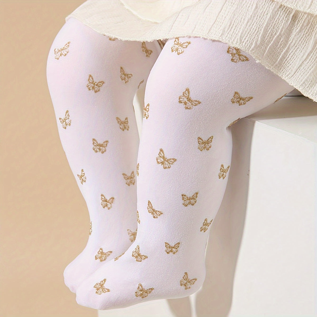 1 paire de collants pieds avec papillons dorés pour fillette en bas âge, respirants et confortables