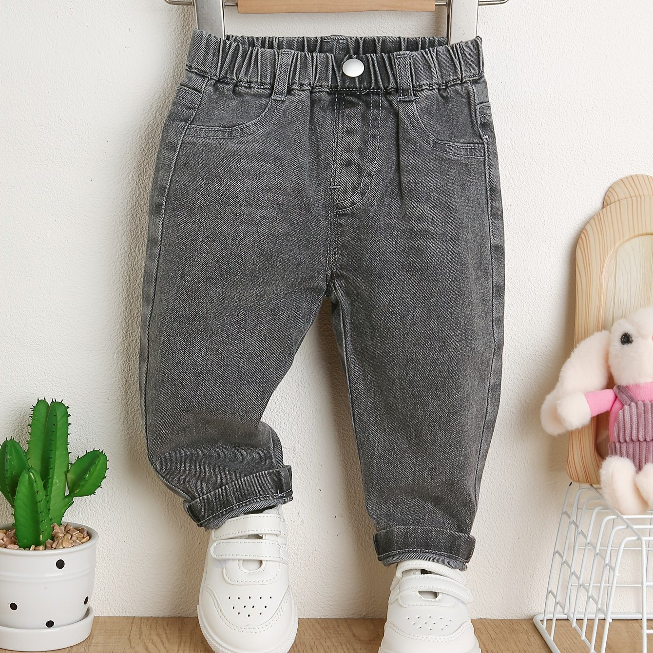 Jeans gris décontractés, confortables et faciles à porter pour bébé fille et garçon, avec ceinture élastique, adaptés à un usage quotidien et polyvalents