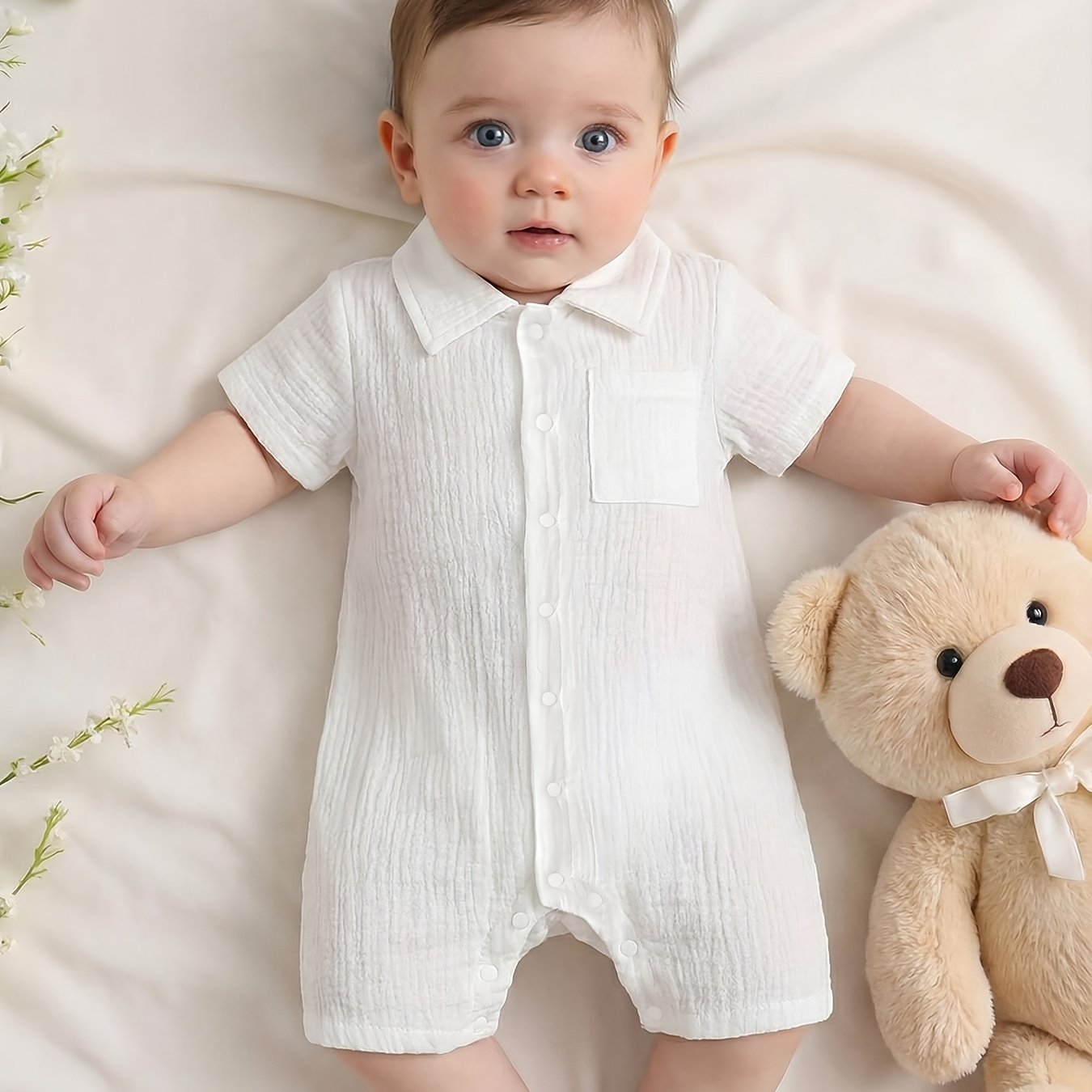 Combinaison d'été blanche à revers pour bébé, manches courtes, nouveau-né, facile à enfiler, design simple boutonné, barboteuse, texture côtelée, tenue de crawl, 0-2 ans, mode bébé, sorties, combinaison, garçons et filles, bébé, polyvalente, couleur unie,