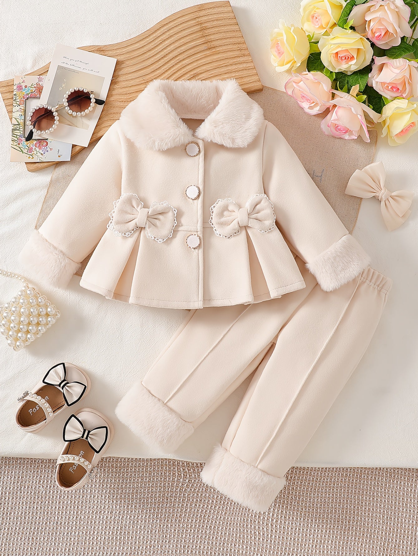 Ensemble pantalon pour fille style mignon automne/hiver, haut à revers en peluche avec patte de boutonnage, nœuds double face, mignon et chaud, pour sorties quotidiennes, séances photo, voyages, rentrée scolaire, cadeaux d'anniversaire, Halloween, parfait