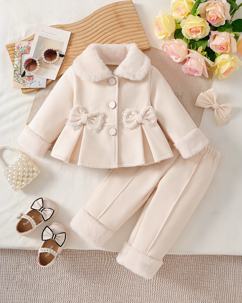 Ensemble Le Cocon d'Or pour fille, veste beige en peluche avec nœuds et pantalon assorti, style hiver élégant
