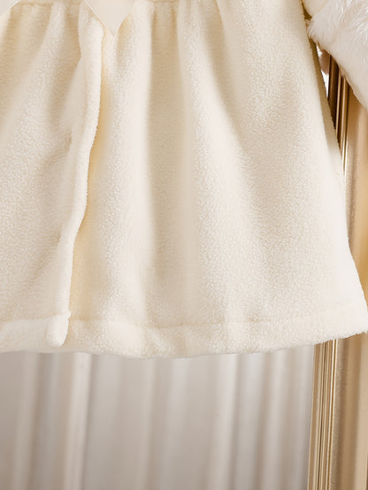 Cardigan-veste beige en peluche pour fille, automne/hiver, à devant ouvert avec grand nœud sur le devant, col et poignets en peluche blanche, ourlet de jupe trapèze, chaud et confortable, convient pour les fêtes/tenue décontractée, plein de charme de prin