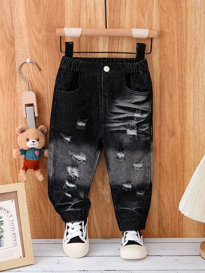 Pantalon garçon noir et gris dégradé aspect denim usé avec ceinture élastique - Pantalon décontracté ample, tissu non extensible, confort toutes saisons, poches