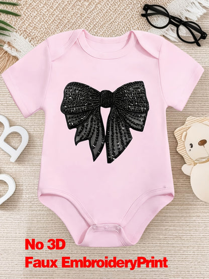 1 pièce Grenouillère bébé "Nœud à paillettes glamour", Barboteuse en coton, Combinaison bébé douillette, Coton respirant, Fermeture à boutons-pression, Vêtement essentiel pour nouveaux parents, Idéal comme cadeau d'anniversaire en plein air, Parfait pour