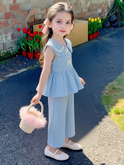 Ensemble 2 pièces pour petites filles, haut sans manches à col Peter Pan avec volants + pantalon large à texture, tenue décontractée d'été, ensemble de pantalons longs à la mode et ludiques pour filles, convient pour les sorties, les séances photo et les