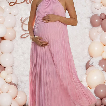 Robe longue maxi plissée à camisole de maternité avec embellissements floraux roses, robe longue fluide sans manches en A, adaptée aux baptêmes, séances photo et vêtements de grossesse