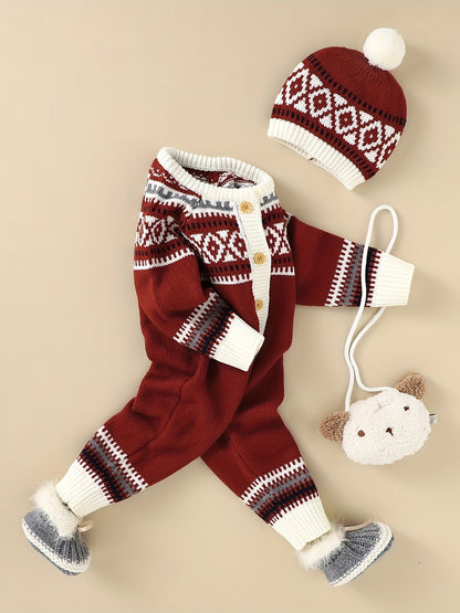 Combinaison-pantalon à manches longues et boutons à motif géométrique pour nouveau-né, adaptée aux bébés garçons et filles, pour une utilisation en intérieur et en extérieur.