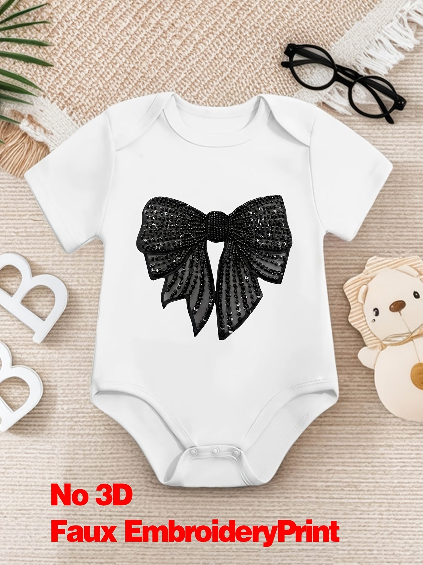 1 pièce Grenouillère bébé "Nœud à paillettes glamour", Barboteuse en coton, Combinaison bébé douillette, Coton respirant, Fermeture à boutons-pression, Vêtement essentiel pour nouveaux parents, Idéal comme cadeau d'anniversaire en plein air, Parfait pour