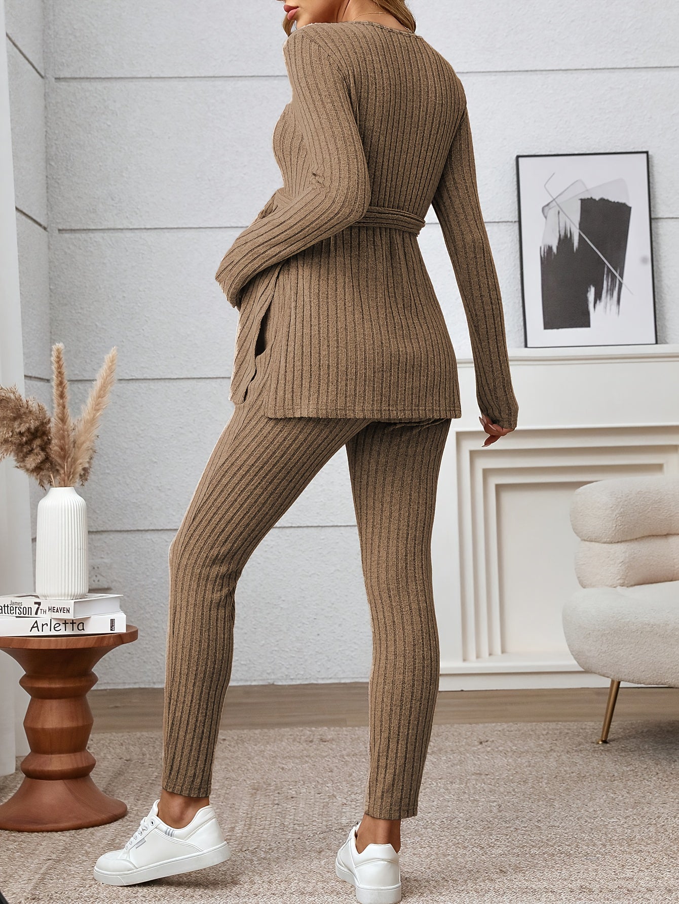 Ensemble T-Shirt à Manches Longues et Pantalon Côtelé avec Fente pour Femmes Enceintes, Couleur Unie