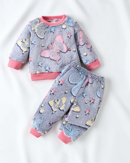 Ensemble pyjama deux pièces Le Cocon d'Or en flanelle douce bleu à motifs papillons et étoiles pour bébé fille