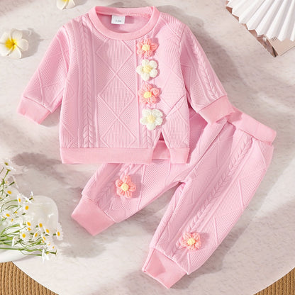 Ensemble élégant pour bébé fille comprenant un sweat-shirt à fleurs tridimensionnelles et un pantalon à manches longues, idéal pour l'extérieur